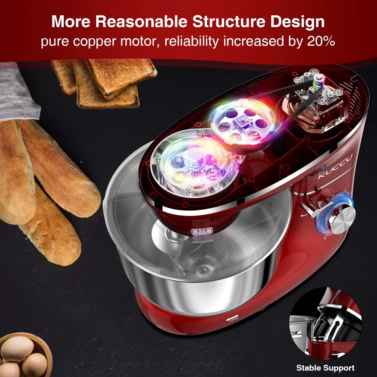KUCCU Stand Food Mixer, 6.5 Qt 660W, 6-Speed Tilt-Head , Kitchen Electric Mixer with Stainless Steel Bowl (6.5-QT, Red)