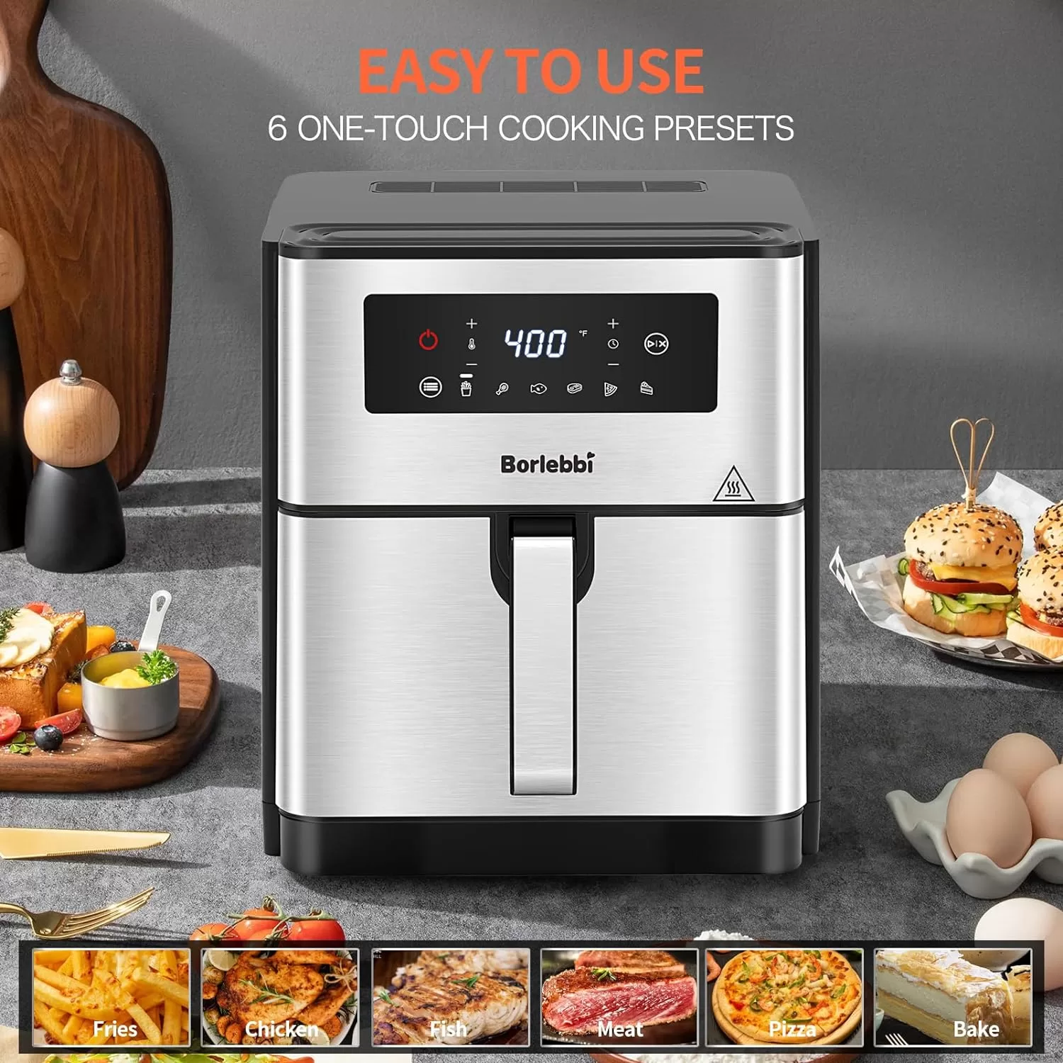 Borlebbi Air Fryer, 10 Quart Family Size Large Airfryer, 1700W, Stainless Steel