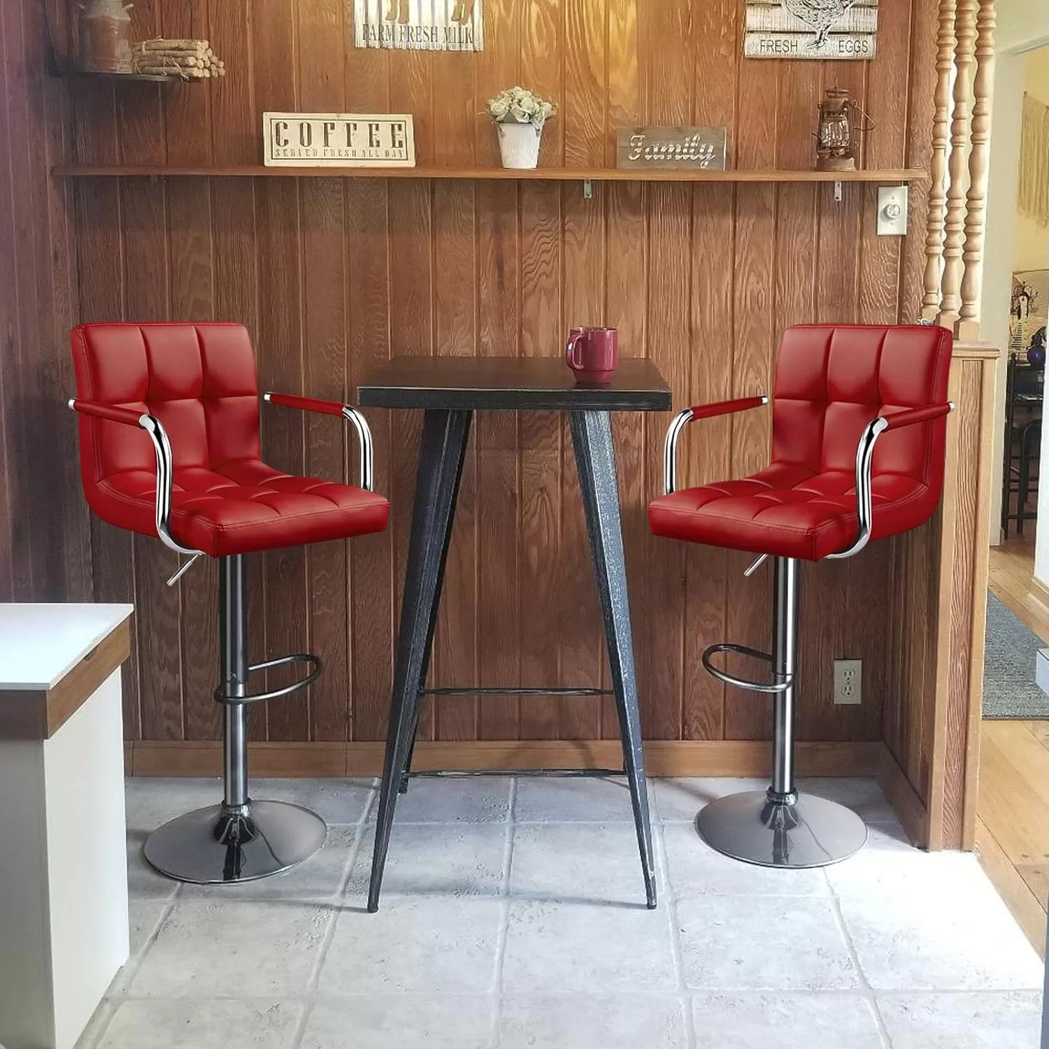 Yaheetech Tall Bar Stools Set of 2 Modern Square PU Leather Adjustable BarStools Counter Height Stools, Red