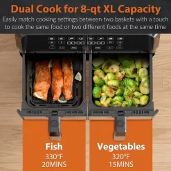 CROWNFUL 8 Quart Air Fryer, 8 in 1 Dual Basket with Independent Temperature Control(50+ Recipes), 1700W, Black