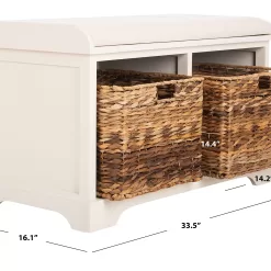 SAFAVIEH Home Collection Freddy Vintage White/ Wicker Basket 2-Drawer Storage Bench with Cushion (Fully Assembled)