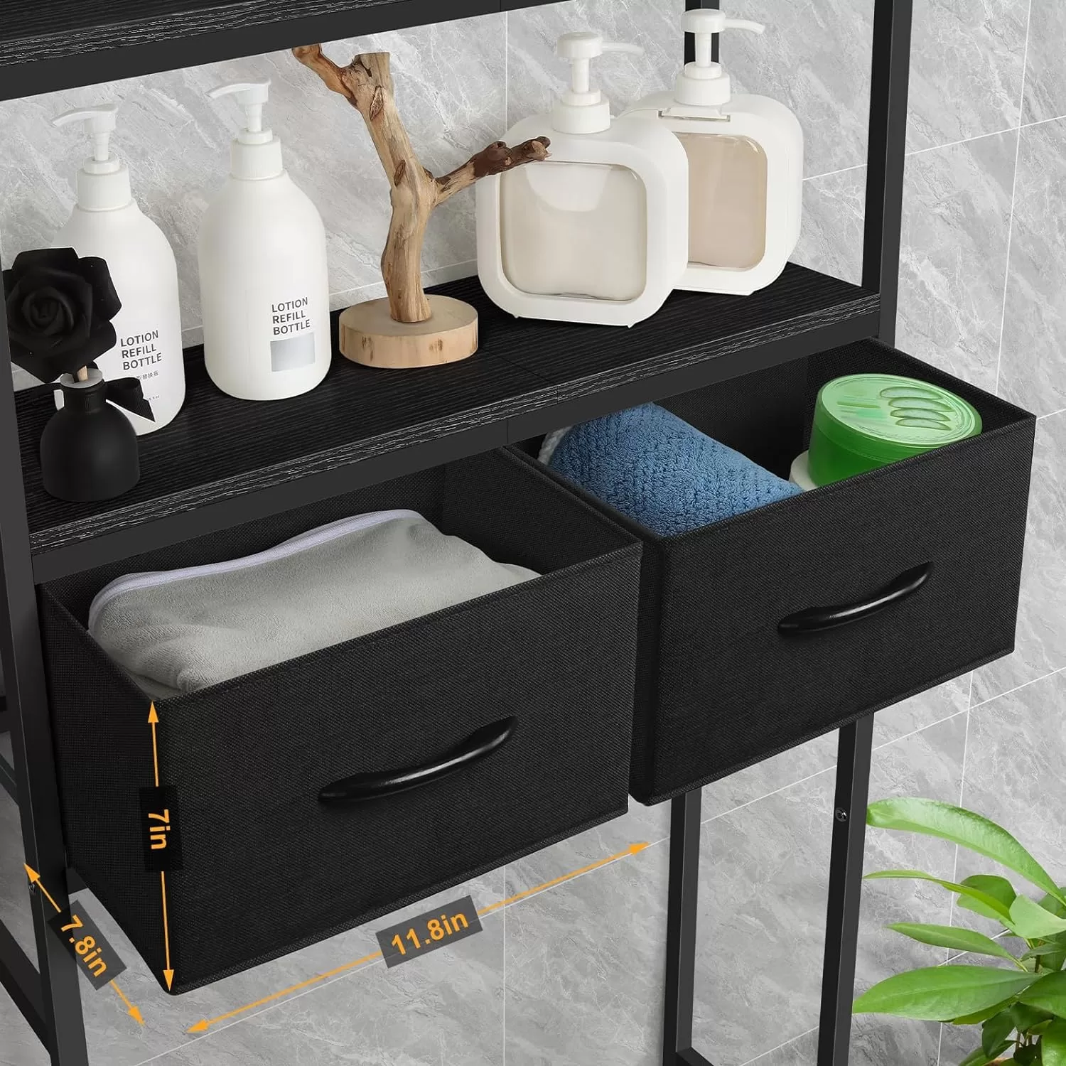 ETELI Over The Toilet Storage Cabinet with Fabric Drawers 3 Tier Bathroom Shelf Over Toilet Space - Black