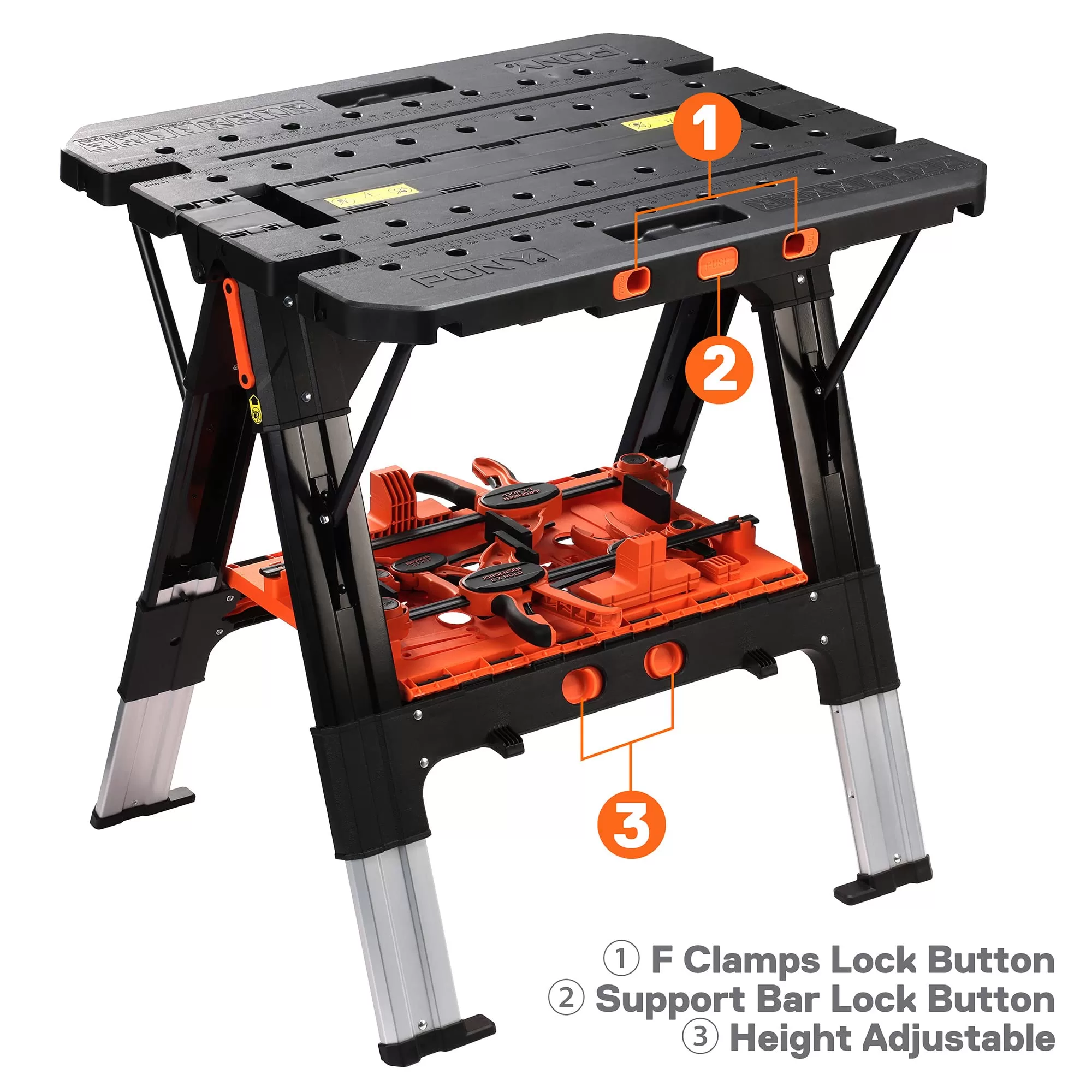 Pony Portable Folding Work Table, 2-in-1 as Sawhorse & Workbench, Load Capacity 1000 lbs-Sawhorse & 500 lbs-Workbench