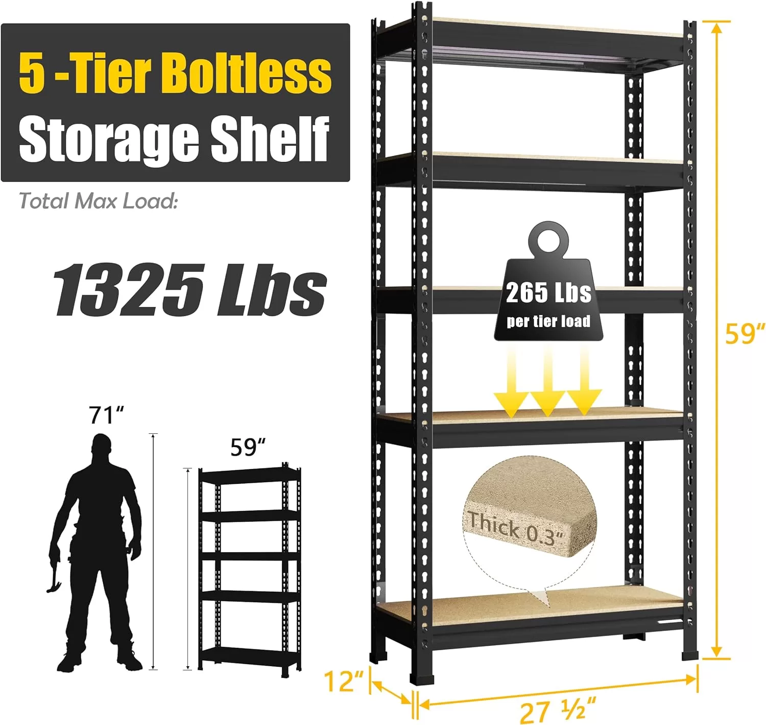 PrimeZone Storage Shelves 5 Tier Adjustable Garage Storage Shelving, 28" x 12" x 59", Black
