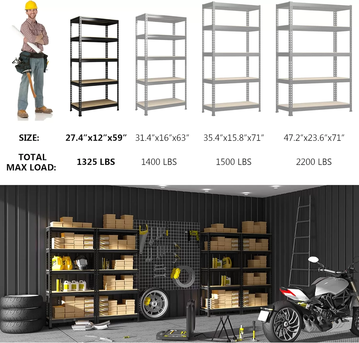 PrimeZone Storage Shelves 5 Tier Adjustable Garage Storage Shelving, 28" x 12" x 59", Black