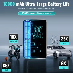 Tire Inflator Portable Air Compressor - Air Pump for Car - 18000mAh Electric Air Compressor (Black)
