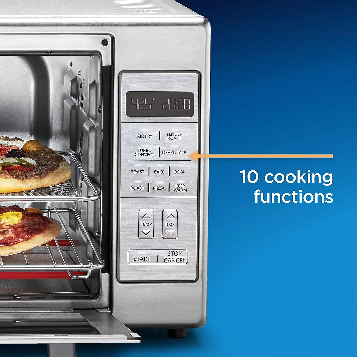 Oster Air Fryer Oven, 10-in-1 Countertop Toaster Oven Air Fryer Combo, 10.5" x 13" Fits 2 Large Pizzas, Stainless Steel,Silver