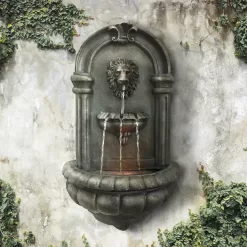 Teamson Home Outdoor Tiered Lion Head Stone Wall Fountain with LED Light, Antique Bronze