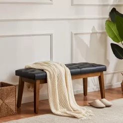 HUIMO Entryway Bench, Black Leather, Solid Wood, Durable and Wear-Resistant