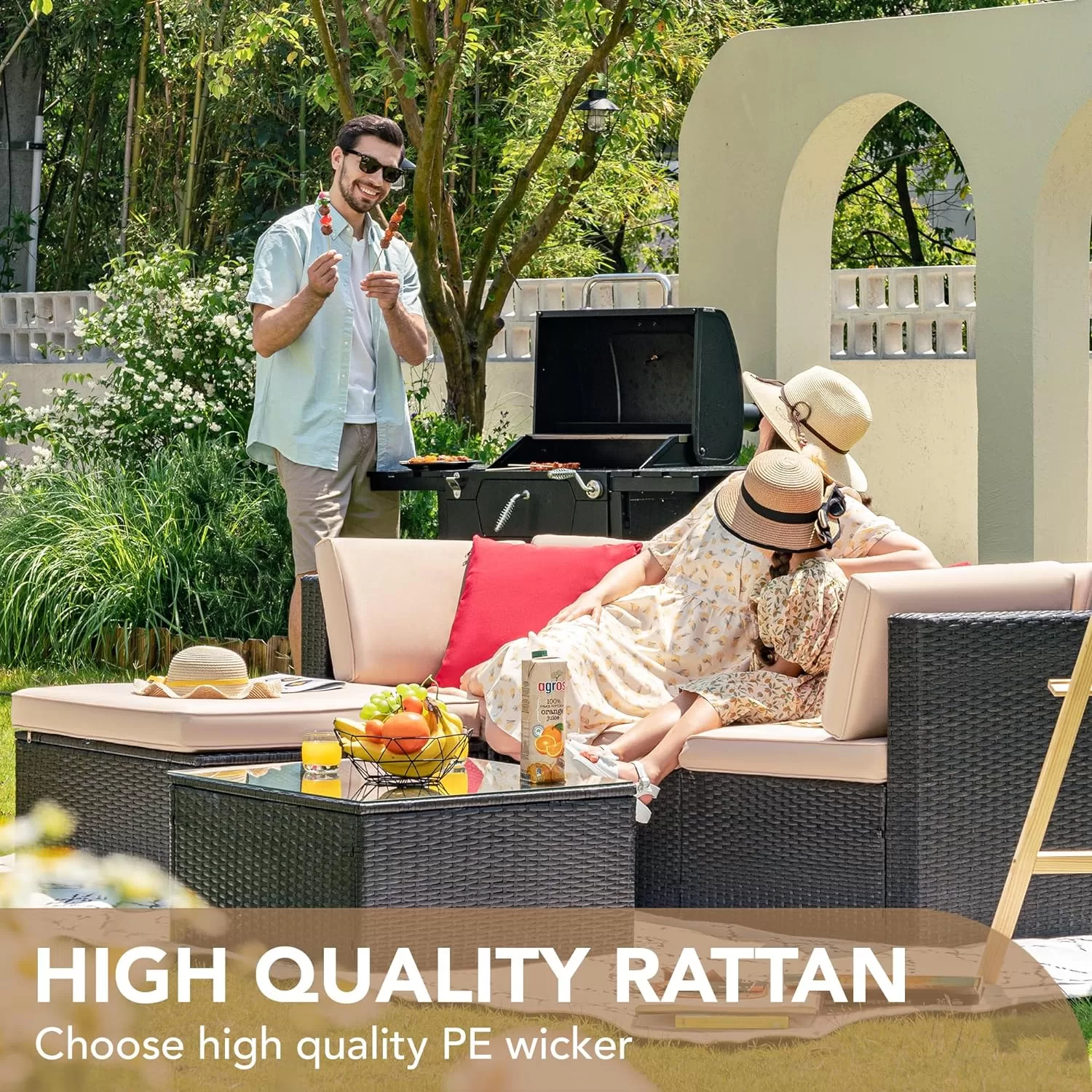 Devoko 5 Pieces Patio Furniture Sets All Weather Outdoor Sectional Patio Sofa Manual Weaving Wicker Rattan Patio Seating Sofas