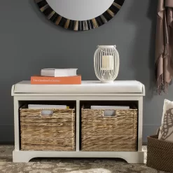 SAFAVIEH Home Collection Freddy Vintage White/ Wicker Basket 2-Drawer Storage Bench with Cushion (Fully Assembled)