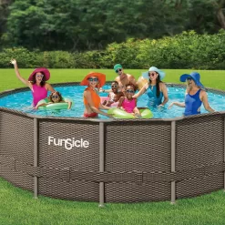 Funsicle 16ft x 48in Round Oasis Designer Above Ground Pool, Dark Double Rattan with SkimmerPlus Filter Pump & Ladder