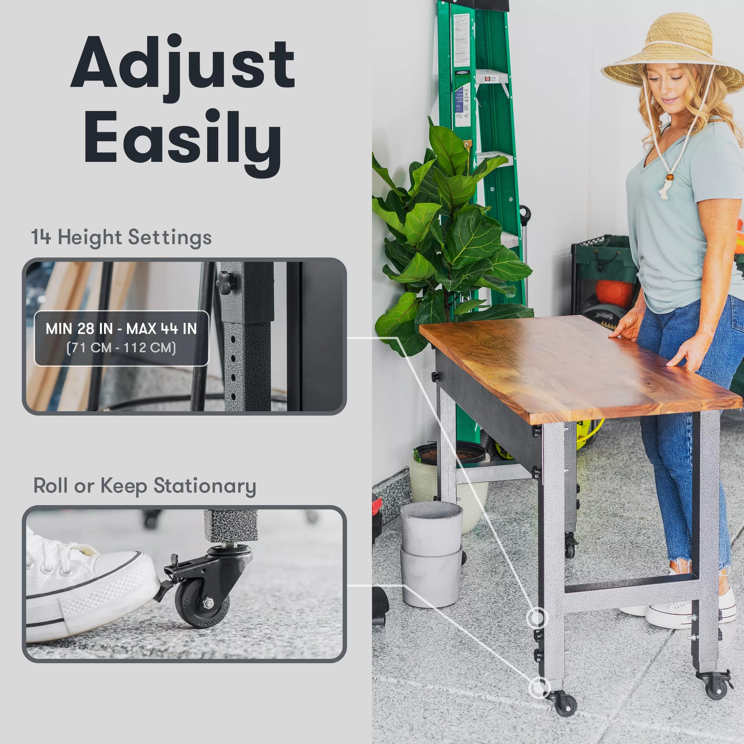 Fedmax Work Bench - 61" Rolling Portable Workbench for Garage - Metal with Acacia Hardwood Top, Adjustable Legs