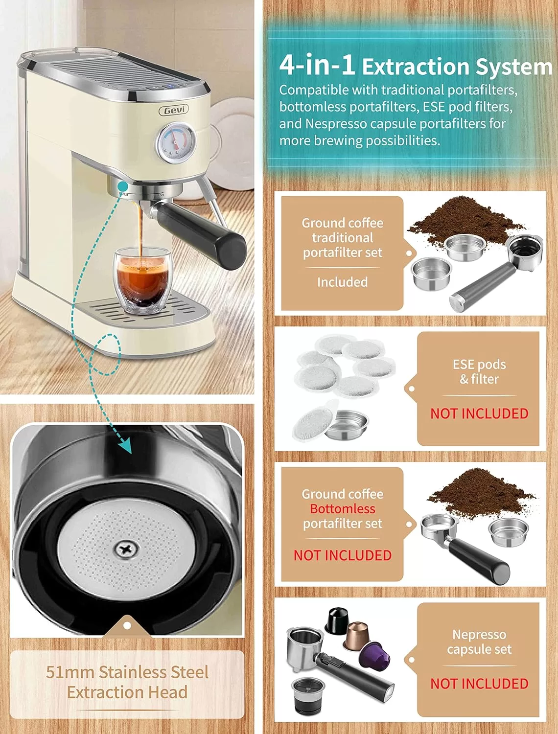 Gevi Espresso Machine 20 Bar, Professional Espresso Maker with Milk Frother Steam Wand, Compact Semi-Automatic Espresso Machines