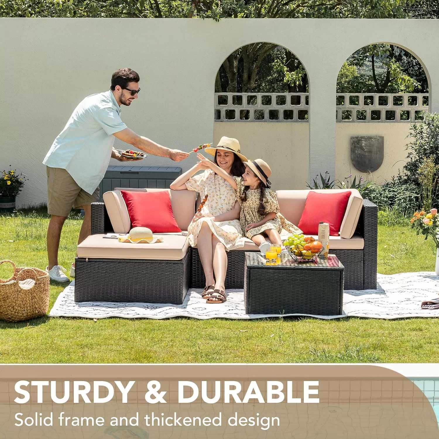 Devoko 5 Pieces Patio Furniture Sets All Weather Outdoor Sectional Patio Sofa Manual Weaving Wicker Rattan Patio Seating Sofas