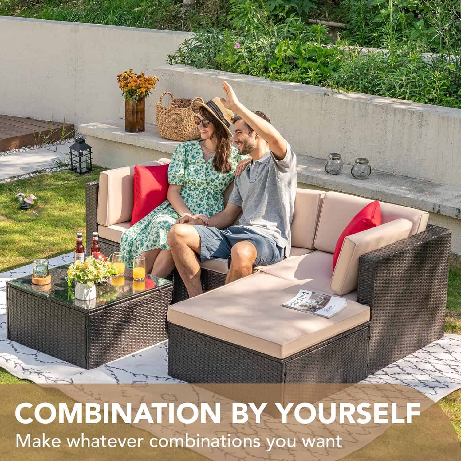 Devoko 5 Pieces Patio Furniture Sets All Weather Outdoor Sectional Patio Sofa Manual Weaving Wicker Rattan Patio Seating Sofas