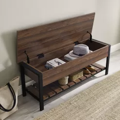 Walker Edison Julian Rustic Farmhouse Lift Top Entry Bench with Bottom Rack, 48 Inch, Dark Walnut