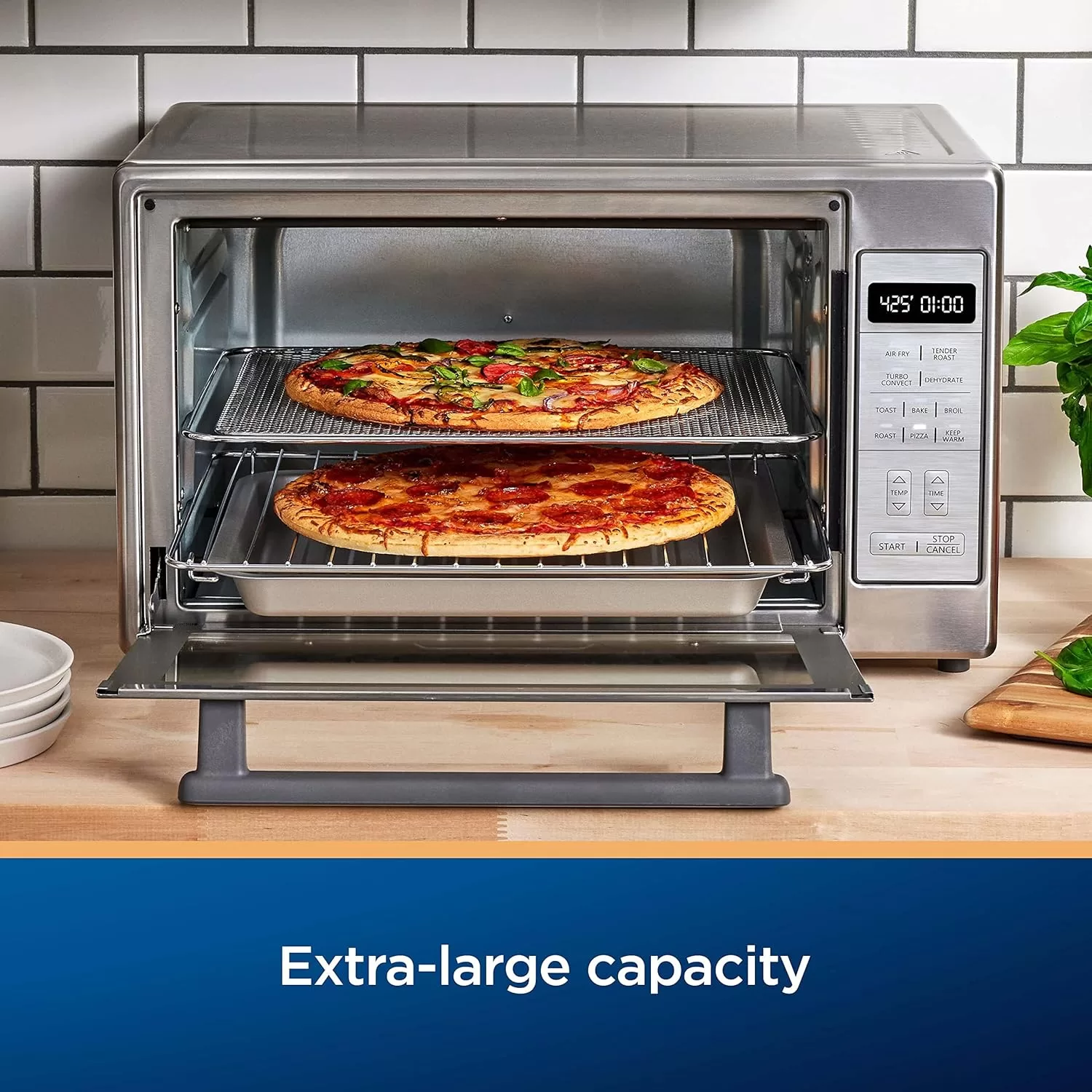 Oster Air Fryer Oven, 10-in-1 Countertop Toaster Oven Air Fryer Combo, 10.5" x 13" Fits 2 Large Pizzas, Stainless Steel,Silver