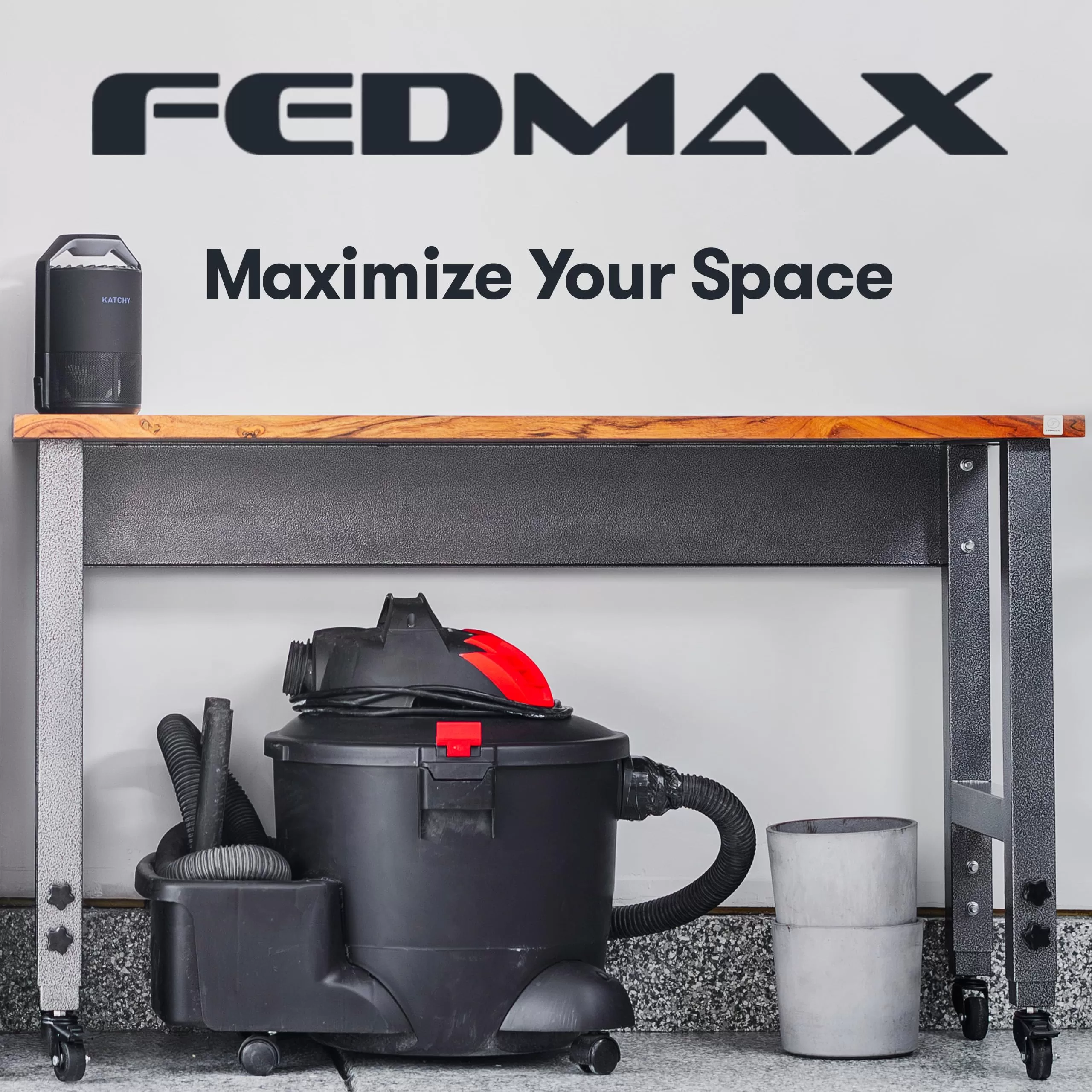Fedmax Work Bench - 61" Rolling Portable Workbench for Garage - Metal with Acacia Hardwood Top, Adjustable Legs