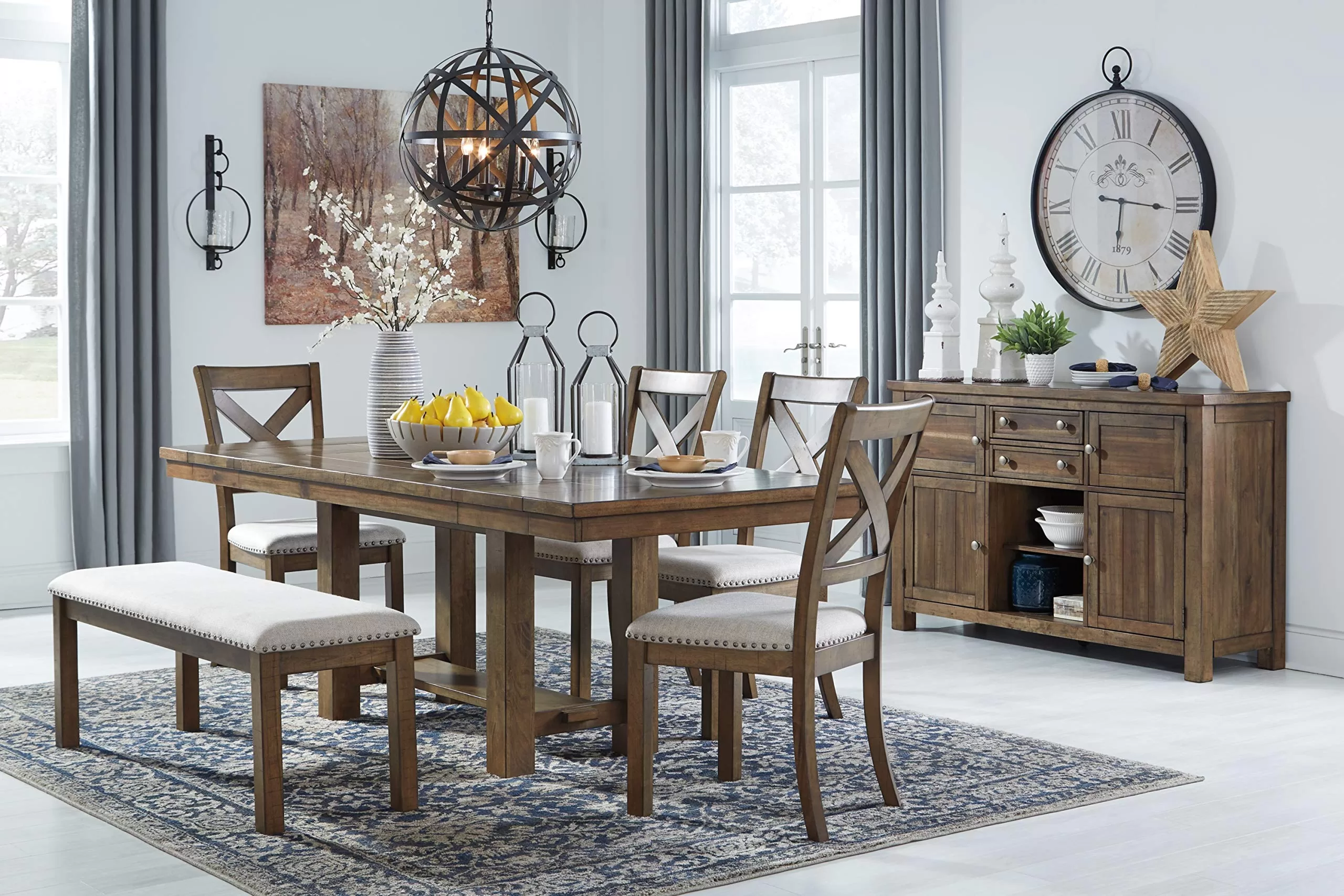 Signature Design by Ashley Moriville Casual Rustic Upholstered Dining Bench, Grey & Brown
