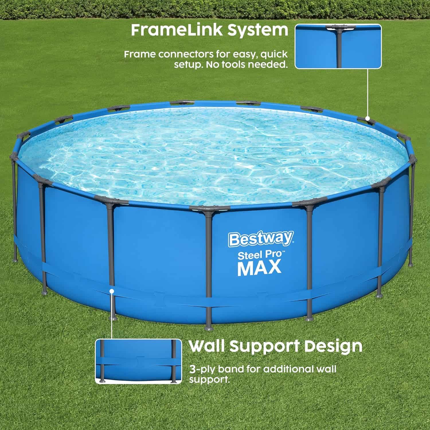 Bestway Steel Pro 15' x 48" Round Steel Frame Above Ground Outdoor Swimming Pool Outdoor Metal Frame with Heavy Duty Repair Patch, Blue