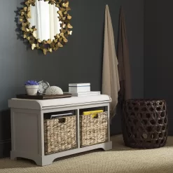 SAFAVIEH Home Collection Freddy Vintage White/ Wicker Basket 2-Drawer Storage Bench with Cushion (Fully Assembled)