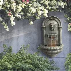 Teamson Home Outdoor Tiered Lion Head Stone Wall Fountain with LED Light, Antique Bronze