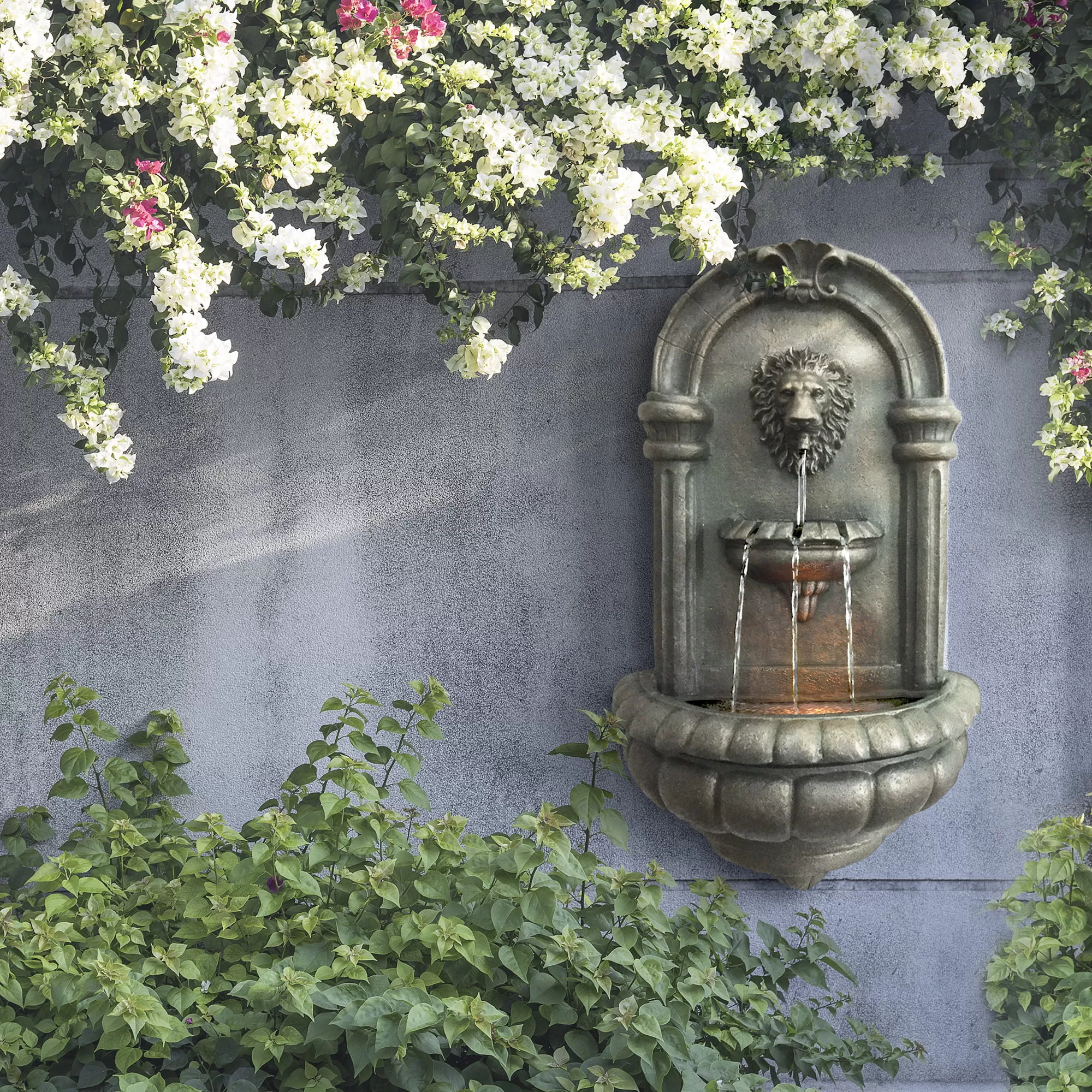 Teamson Home Outdoor Tiered Lion Head Stone Wall Fountain with LED Light, Antique Bronze