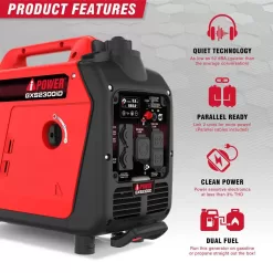 A-iPower GXS2300iD 2300-Watt Recoil Start Gas Propane Powered Ultra Light-Weight Inverter Generator 80cc OHV Engine and CO Sensor Shutdown