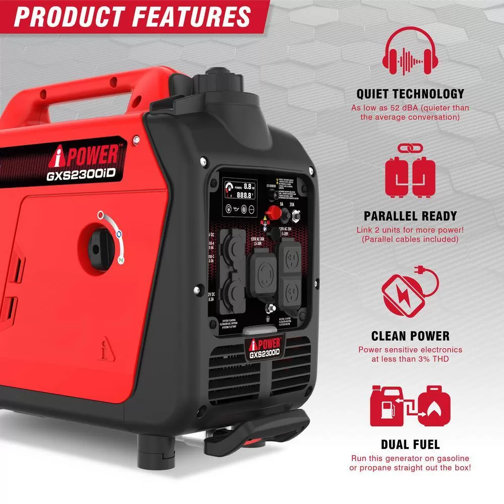 A-iPower GXS2300iD 2300-Watt Recoil Start Gas Propane Powered Ultra Light-Weight Inverter Generator 80cc OHV Engine and CO Sensor Shutdown