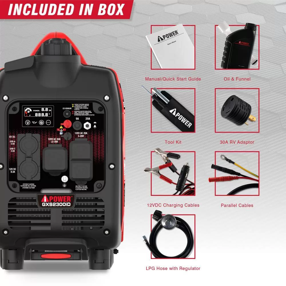 A-iPower GXS2300iD 2300-Watt Recoil Start Gas Propane Powered Ultra Light-Weight Inverter Generator 80cc OHV Engine and CO Sensor Shutdown