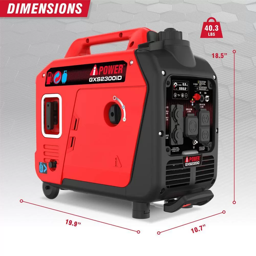 A-iPower GXS2300iD 2300-Watt Recoil Start Gas Propane Powered Ultra Light-Weight Inverter Generator 80cc OHV Engine and CO Sensor Shutdown