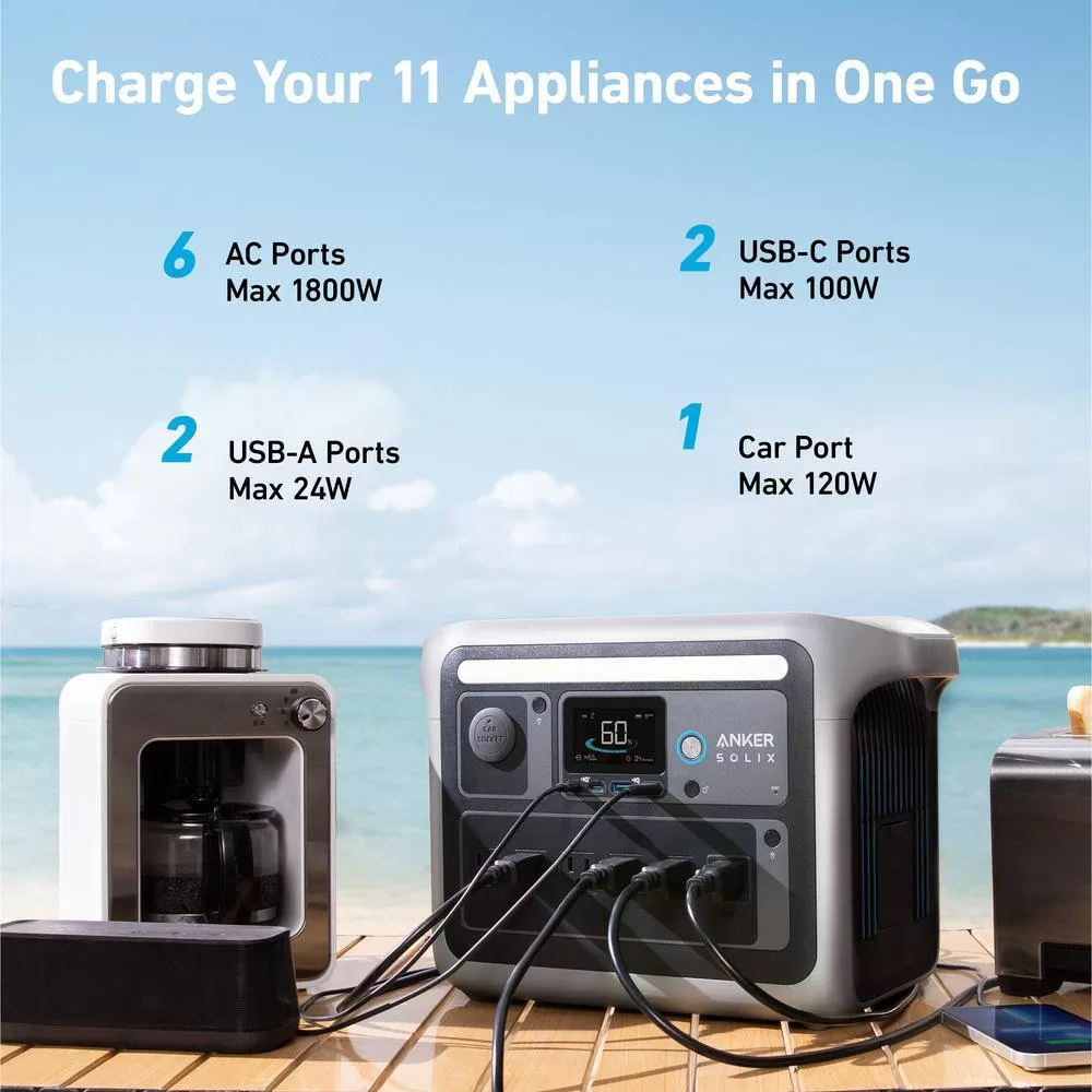 Anker THD1024 1800W Output/2400W Peak SOLIX C1000X Push Button Start LFP Battery Powered Generator for Home Backup,Outdoor Camping,RV