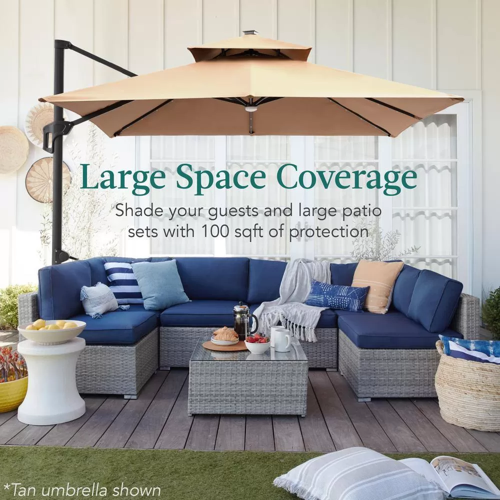 Best Choice Products 10 ft. Solar LED 2-Tier Square Cantilever Patio Umbrella with Base Included in Tan