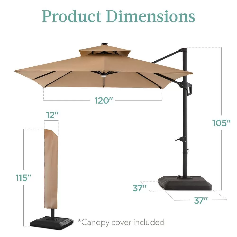 Best Choice Products 10 ft. Solar LED 2-Tier Square Cantilever Patio Umbrella with Base Included in Tan