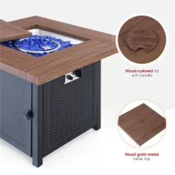 PHI VILLA THD-E02GS002 33.9 in. W x 25.2 in. H Square Wood-like Metal Steel Gas Fire Pit Table with Cover and 50000 BTU Burner