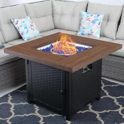 PHI VILLA THD-E02GS002 33.9 in. W x 25.2 in. H Square Wood-like Metal Steel Gas Fire Pit Table with Cover and 50000 BTU Burner