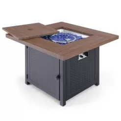 PHI VILLA THD-E02GS002 33.9 in. W x 25.2 in. H Square Wood-like Metal Steel Gas Fire Pit Table with Cover and 50000 BTU Burner