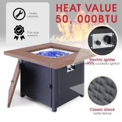 PHI VILLA THD-E02GS002 33.9 in. W x 25.2 in. H Square Wood-like Metal Steel Gas Fire Pit Table with Cover and 50000 BTU Burner