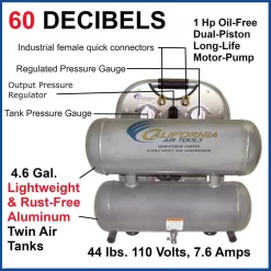 California Air Tools 4610ALFC 4.6-Gal. 1 HP Ultra Quiet Oil-Free and Lightweight Electric Air Compressor