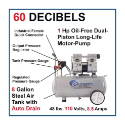 California Air Tools 8 Gal. 1 HP 120 PSI Ultra Quiet and Oil-Free Electric Horizontal Tank Air Compressor with Automatic Drain