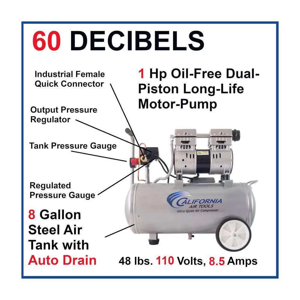 California Air Tools 8 Gal. 1 HP 120 PSI Ultra Quiet and Oil-Free Electric Horizontal Tank Air Compressor with Automatic Drain