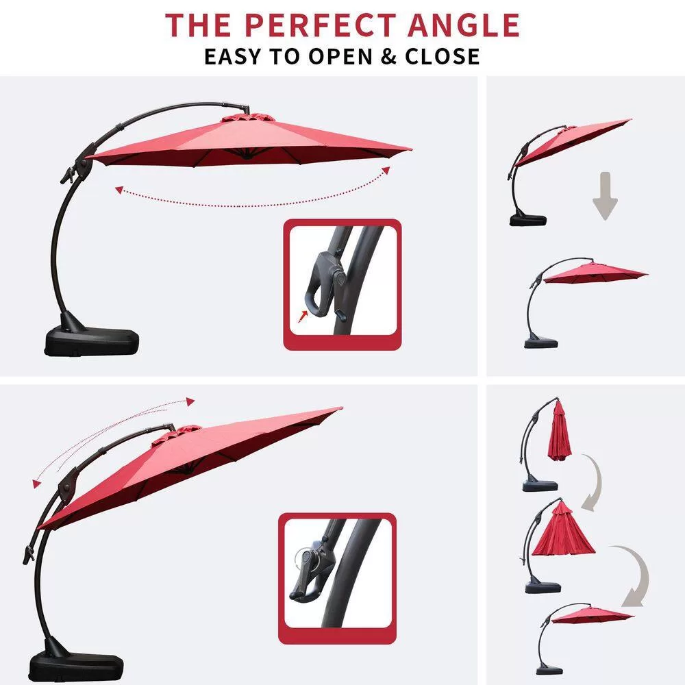 CASAINC 12 ft. Cantilever Umbrella Large Outdoor Heavy-Duty Offset Hanging Patio Umbrella with Base in Red