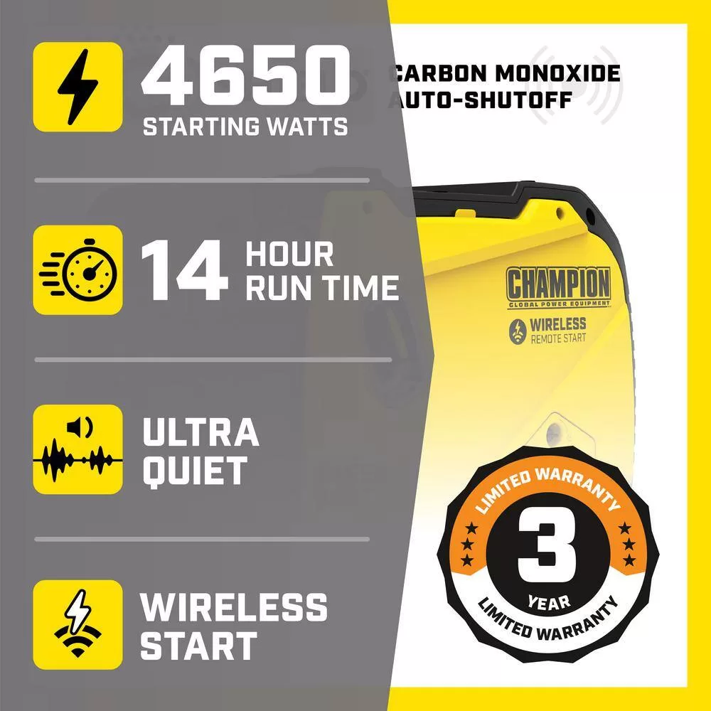 Champion Power Equipment 201155 4650-Watt Wireless Remote Start Gasoline Powered Inverter Generator with CO Shield and Quiet Technology