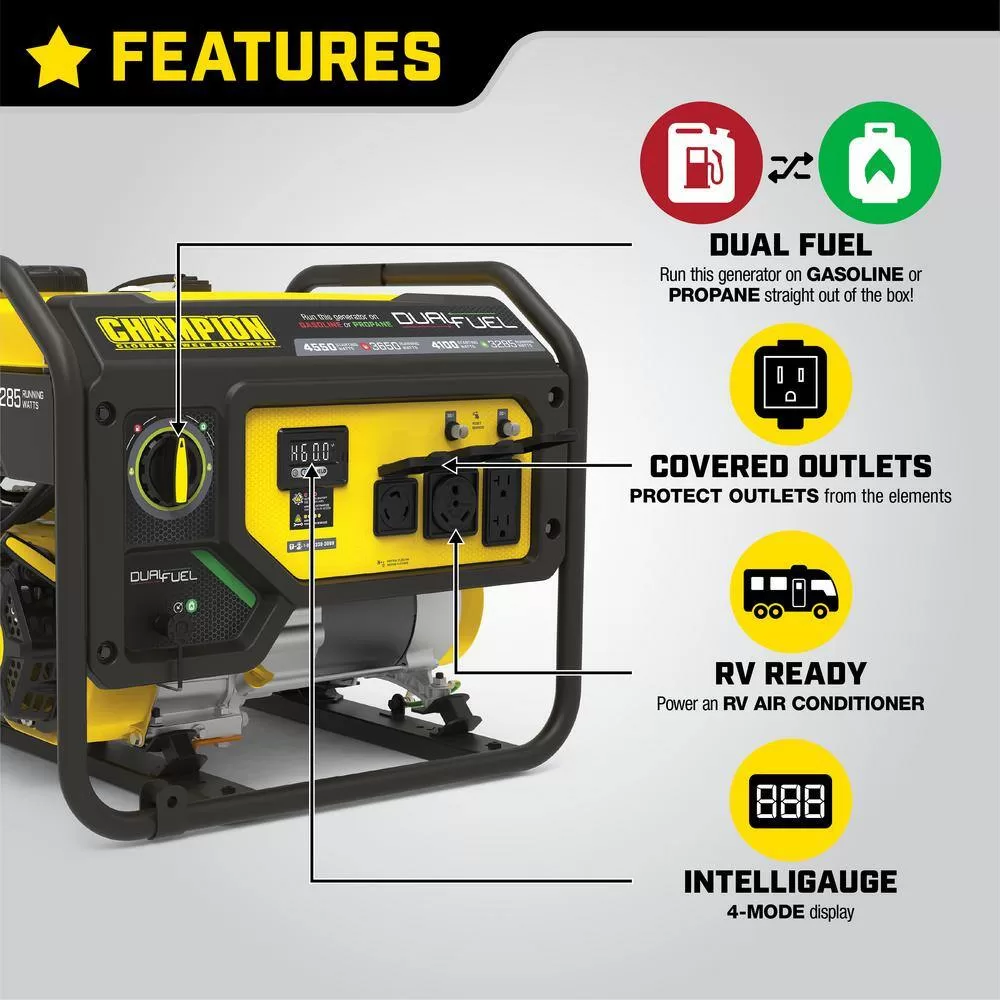 Champion Power Equipment 200970 4550/3650-Watt Gasoline and Propane Powered Dual Fuel Portable Generator with CO Shield