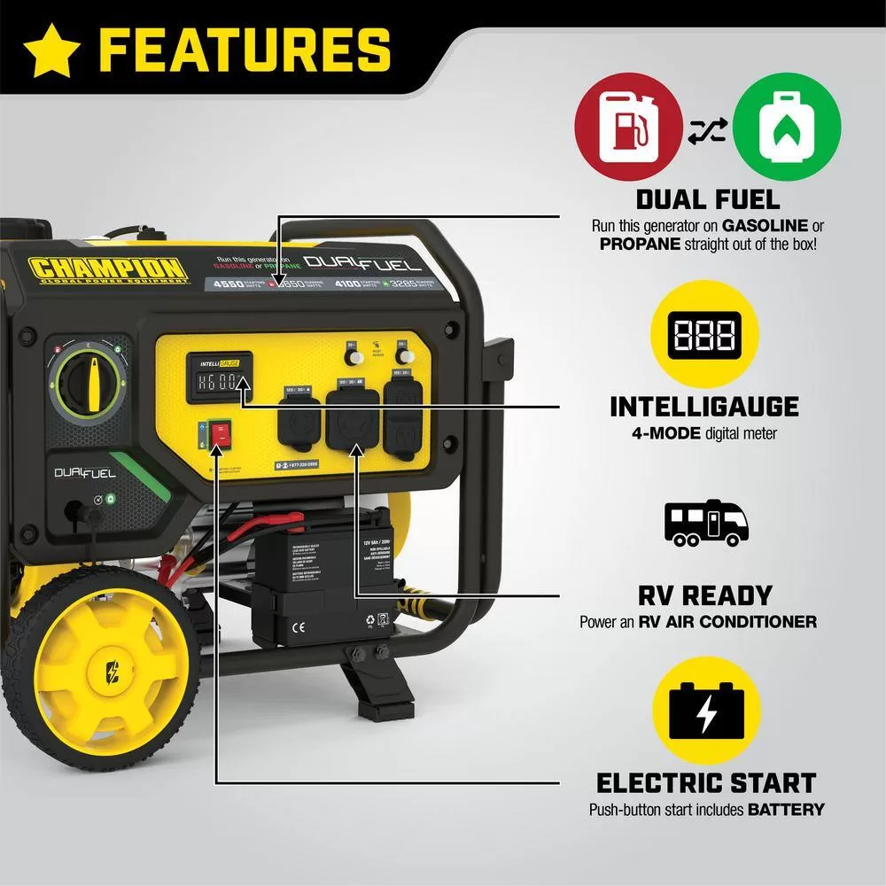 Champion Power Equipment 200973 4550/3650-Watt Electric Start Gas and Propane Dual Fuel Powered RV Ready Portable Generator