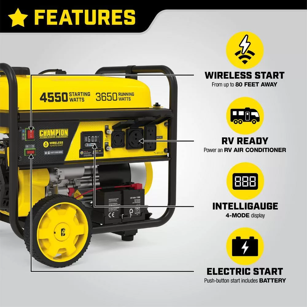 Champion Power Equipment 201156 4550/3650-Watt Wireless Remote Start Gasoline Powered Portable Generator with CO Shield