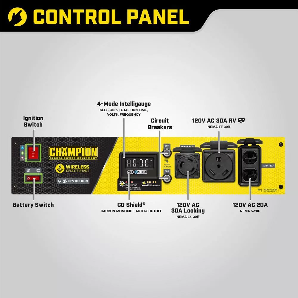 Champion Power Equipment 201156 4550/3650-Watt Wireless Remote Start Gasoline Powered Portable Generator with CO Shield