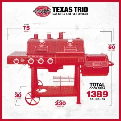 Char-Griller 3070 Texas Trio 4-Burner Dual Fuel Grill with Smoker in Black