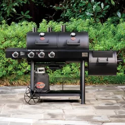 Char-Griller 3070 Texas Trio 4-Burner Dual Fuel Grill with Smoker in Black
